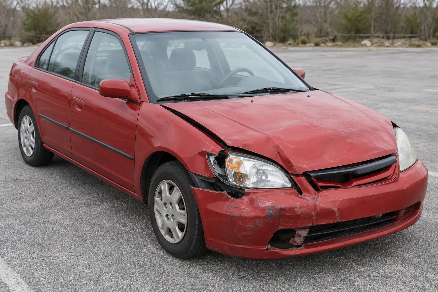 Illustrative red compact sedan with front-end damage, seen from a high three-quarter angle