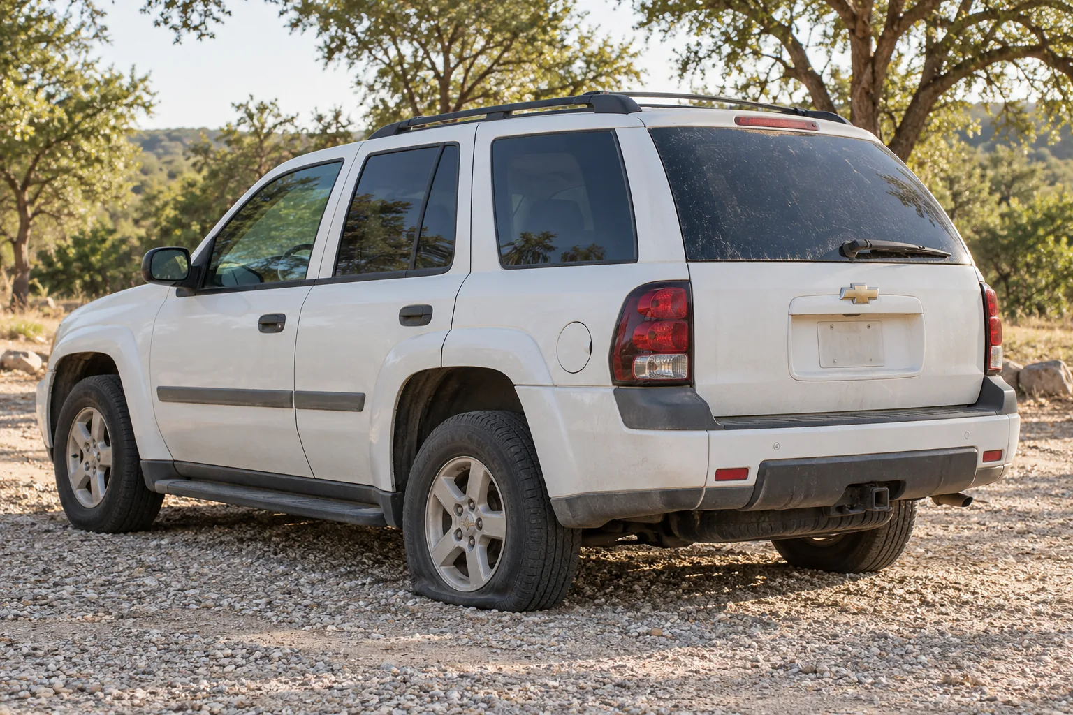 Illustrative white SUV with a flat tire, viewed from the rear side