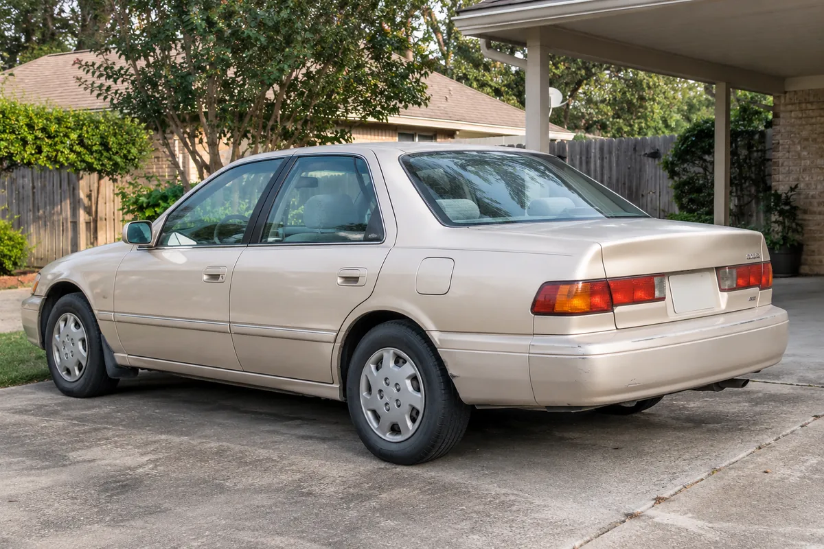 Illustrative cream older four-door sedan in ordinary residential driveway beside a carport