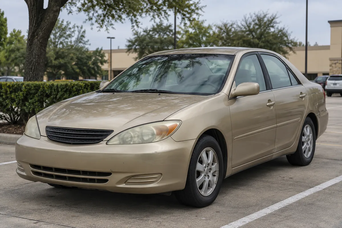 Illustrative gold aging four-door sedan in generic commercial parking lot